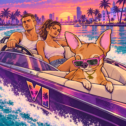 Chico riding a speedboat at sunset with Lucia and Jason